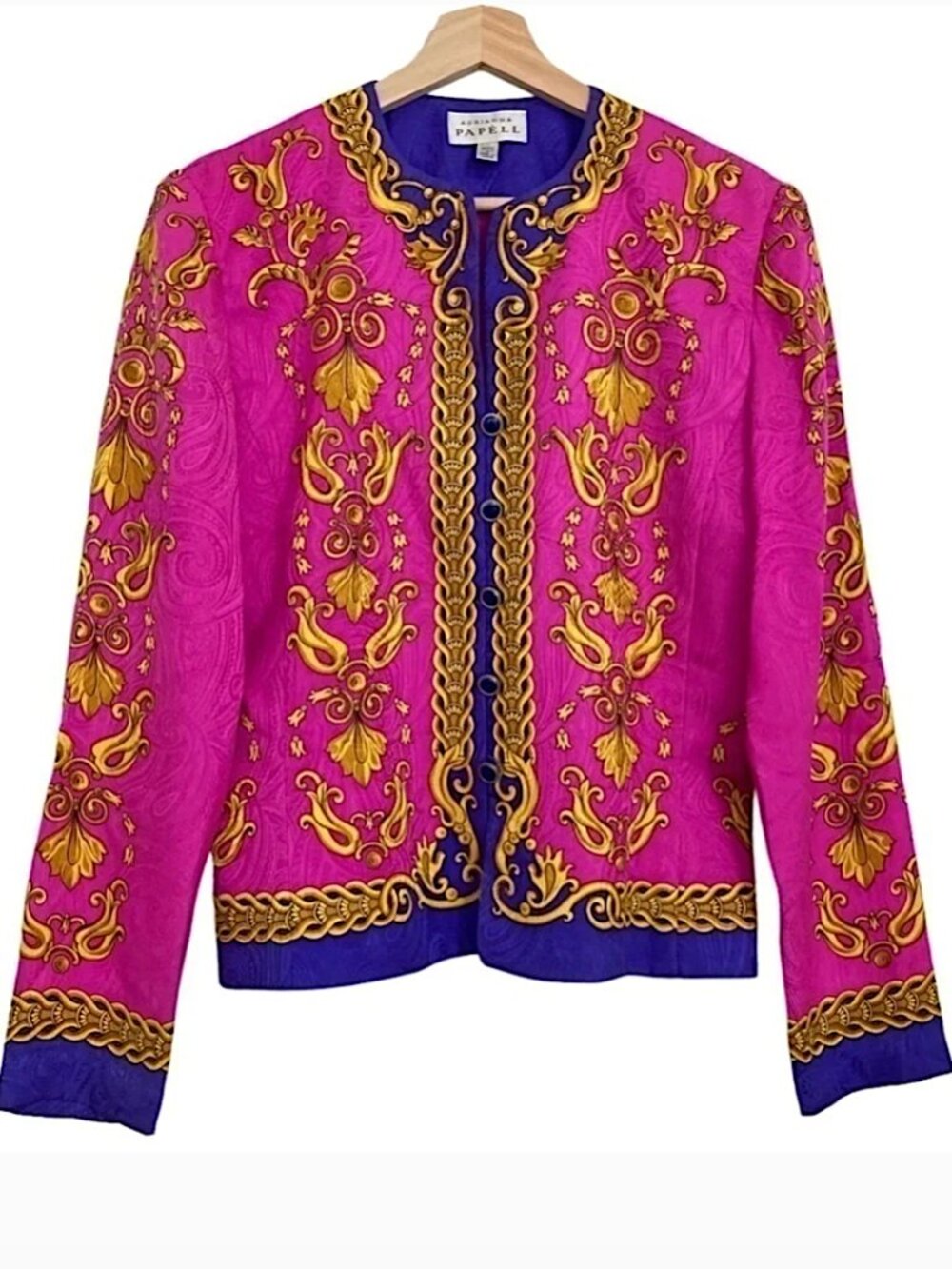 Vintage 80s ADRIANNA PAPELL Pink Silk Baroque Leafy Scroll Print Jacket
